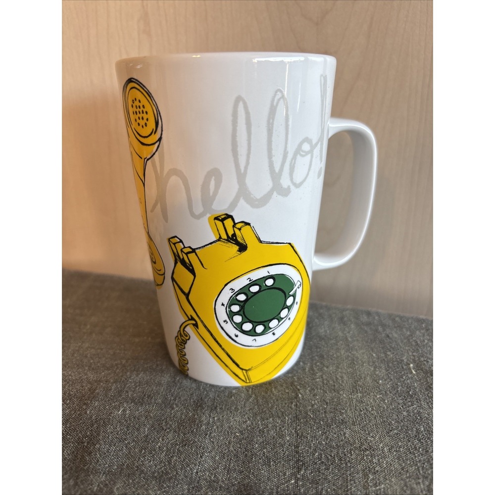 2015 STARBUCKS 16 fl oz tall HELLO w/ vintage Yellow Green Telephone Coffee Mug